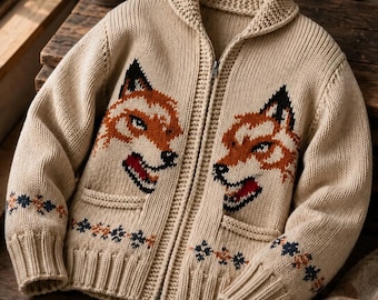 Men's Hand Knit Wolf Wool Blend Cardigan Sweater – Nordic Shawl Collar Zip Jacket
