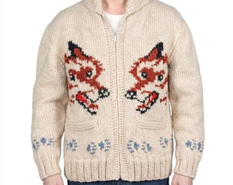 Cardigan Wolf lavorato a mano con zip, maglione in misto lana con collo a scialle, cardigan Hail Project, maglione canadese in stile rustico, maglieria invernale da uomo