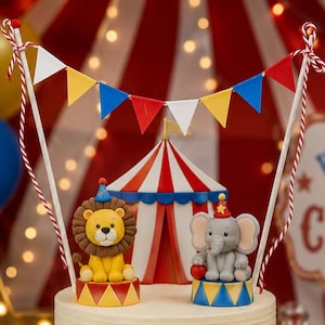 Bunte Zirkus-Kuchengirlande, bunter Kuchenaufsatz, Banner-Kuchenaufsatz, wundervolle Geburtstagsparty, Kuchenaufsatz mit Zirkusmotiv, Kuchenwimpelgirlande