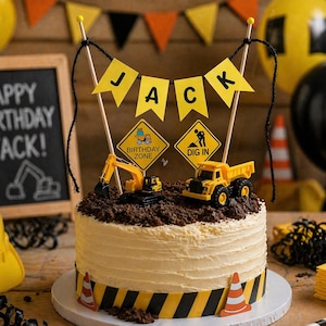 May include: A round birthday cake decorated with a construction theme. The cake has yellow frosting with black and yellow hazard stripes. Toppers include toy construction vehicles, a banner that spells "JACK", and construction signs. A chalkboard reads "Happy Birthday Jack!"