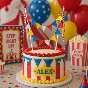 Könnte beinhalten: Eine Zirkus-Torte mit rot-weißen Streifen, blauen und gelben Akzenten und einem Banner mit der Aufschrift "ALEX". Die Torte ist mit einem roten Zuckergussrand und einer Girlande aus bunten Flaggen verziert. Luftballons und Popcorn vervollständigen die festliche Szene.
