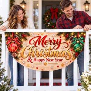 Op de afbeelding: Een halfronde decoratieve banner met een houtnerf-achtergrond en de tekst Merry Christmas & Happy New Year in rode en gouden letters. Het is versierd met rode en groene kerstballen, dennentakken, bessen en sneeuwvlokken.