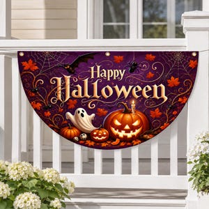 ハッピーハロウィンバナー、パンプキンゴーストバナー、ハロウィンポーチ手すり装飾、屋外秋の庭とフェンスの装飾