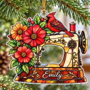 Personalized Sewing Machine Ornament, Custom Name Acrylic Christmas Ornament, Cardinal Floral Keepsake, Gift for Quilter Seamstress