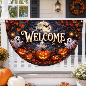 Ghirlanda di bandierine con fantasmi, zucche e pipistrelli per Halloween, striscione di benvenuto per il portico di Halloween, decorazioni autunnali spettrali per esterni, bandierine a ventaglio per ringhiere e recinzioni del portico.