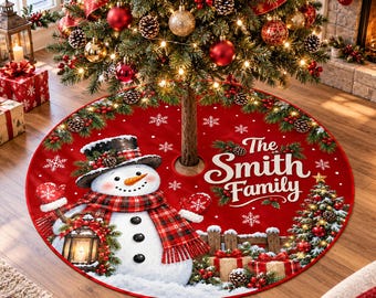 Personalized Christmas Tree Skirt, Snowman Tree Skirt, Custom Family Name Christmas Decor, Holiday Tree Skirt, Xmas Gift