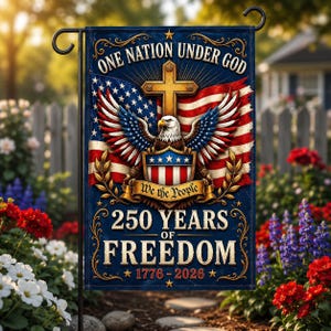 Puede incluir: Una bandera de jardín patriótica con el texto "ONE NATION UNDER GOD" y "250 YEARS OF FREEDOM 1776-2026". La bandera presenta un diseño de bandera estadounidense con un águila, una cruz y las palabras "We the People". La bandera está en un soporte de metal negro.
