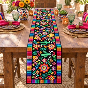 Hummingbird Dia De Los Muertos Serape Mexican Fiesta Table Runner, Cinco De Mayo Day of The Dead Colorful Kitchen Dining Table Decor