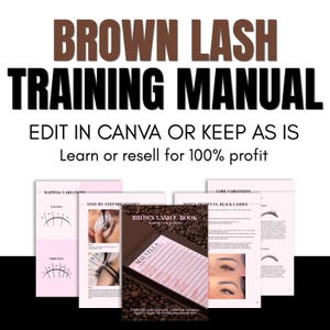 May include: A digital training manual titled BROWN LASH TRAINING MANUAL with text stating EDIT IN CANVA OR KEEP AS IS and Learn or resell for 100% profit. The manual includes pages showing lash mapping variations, step-by-step breakdowns, and a brown lash e-book cover.