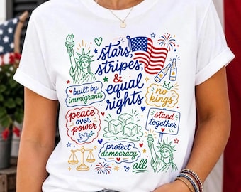Camiseta liberal del 4 de julio, camiseta política Doodle USA, anti-Día de la Independencia, igualdad de derechos, anti-ICE, paz, camiseta de resistencia, camiseta del 4 de julio