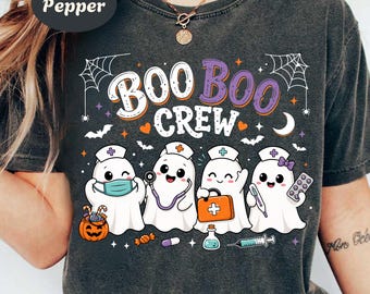 Camiseta Comfort Colors de Halloween para enfermeras, camiseta Boo Boo Ghost, camiseta espeluznante para enfermeras pediátricas, camiseta gráfica de otoño para enfermeras registradas.