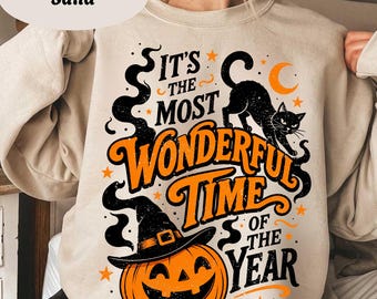 Sudadera vintage de Halloween UNISX, sudadera retro de Halloween con cuello redondo de los 90, sudadera con capucha de gato negro espeluznante, calabaza bruja, el momento más maravilloso, camisa de otoño bruja