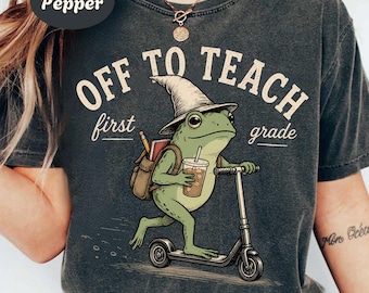 Comfort Colors® First Grade Shirt 1st Grade Teacher Back to School T-shirt Silly Off To Teach Frog Iced Coffee Tee Cute Elementary Teacher