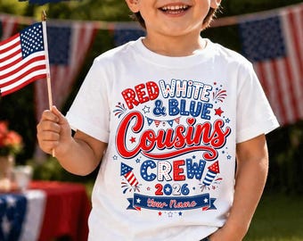Camiseta infantil Cousins' Crew 2026, roja, blanca y azul, a juego, regalo para el 4 de julio, reunión familiar patriótica, camiseta de fiesta infantil