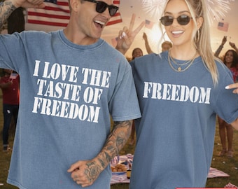 Chemises pour couples drôles 4 juillet, couleurs confort, t-shirt assorti pour couples J'aime le goût de la liberté, chemise feux d'artifice, mari patriotique