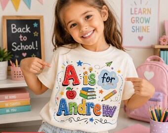 Custom Kids Name School Shirt, Back to School Shirt, Toddler First Day of Kindergarten Shirt with Name, Alphabet Shirt, Letter Name Shirt