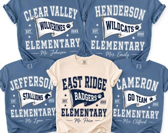 Comfort Colors Custom School Name Shirts, School Mascot Pennant Flag