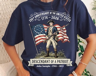 Camiseta personalizada del 250.º aniversario de Estados Unidos, camiseta "Descendiente de un patriota", 1776-2026, regalo histórico de la herencia estadounidense.