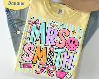 Striped Neon Custom Teacher Name Coquette Bow Shirt, Personalized Teacher Shirt, Teach Love Inspire, Colorful Back to School Teacher Tee