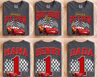 Camiseta personalizada del equipo de boxes de Disney Cars, camiseta de cumpleaños de McQueen Mater, camiseta a juego para cumpleaños familiares de Disneyland, camiseta del equipo de coches de carreras
