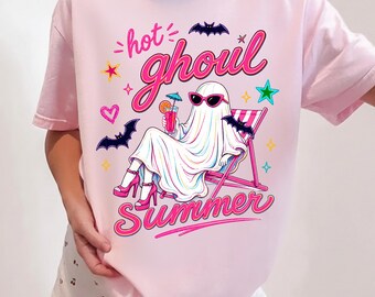 Camiseta de verano Hot Ghoul de Comfort Colors©, camiseta espeluznante de Halloween, camiseta de verano para niña, divertido cóctel de fantasmas de Halloween