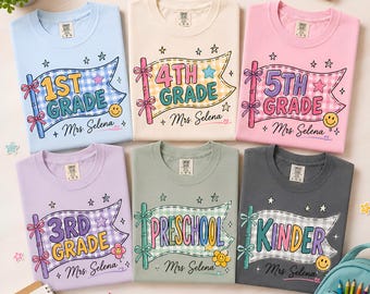Comfort Colors Custom Grade & Name Teacher Shirt, Pennant Flag Teacher Tee, Teacher Team Shirt, First Second Third Fourth Fifth Grade Shirt