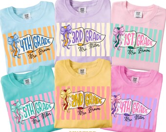 Comfort Colors Custom Grade & Name Teacher Shirt, Pennant Flag Teacher Tee, Teacher Team Shirt, First Second Third Fourth Fifth Grade Shirt
