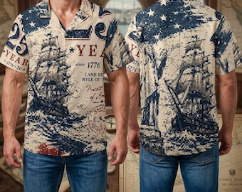 American Flag Hawaiian Shirt, 1776 250th Anniversary Patriotic Shirt, USA Independence Day Outfit, Vintage Nautical Ship Shirt, July 4th Tee