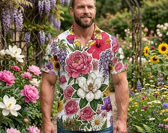 Floral Hawaiian Shirt, Tropical Aloha Shirt Mens, Boho Floral Button Shirt, Botanical Summer Beach Shirt, Resort Vacation Wear