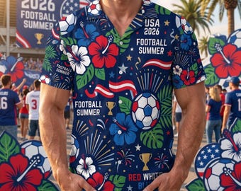 USA 2026 Football Summer Hawaiian Shirt, Red White Blue Tropical Tee, Men Women Unisex Vacation, World Cup Fan Apparel, Casual POD Top