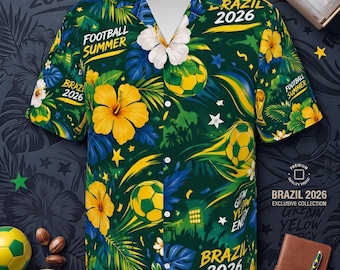 Hawaiian Football Shirt Men Women, Brazil 2026 World Cup Summer Tee, Tropical Soccer Graphic Top, Streetwear Gift for Fans