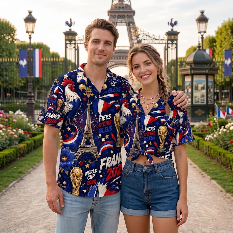 May include: A couple wearing matching blue button-down shirts with a French theme. The shirts feature the Eiffel Tower, a rooster, and the text "France World Cup 2026" in red, white, and blue. They are standing in front of the Eiffel Tower.