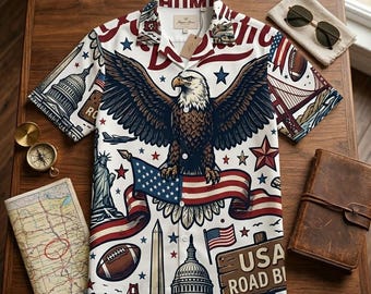 American Eagle Button Up Shirt, Patriotic USA Shirt, Vintage Americana Shirt, American Dream Clothing, Freedom Flag Shirt, Road Trip Top