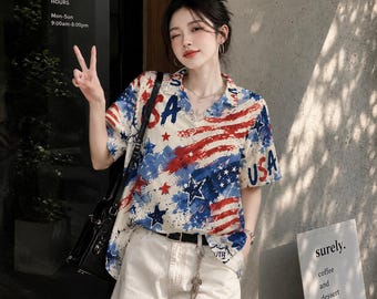 USA Patriotic Hawaiian Shirt Men, Route 66 Aloha Shirt, American Flag Beach Shirt, 4th of July Outfit, Vintage Biker Road Trip Shirt