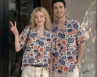 USA Hawaiian Shirt Men, Patriotic Aloha Shirt, USA Flag Shirt, 4th of July Outfit, Route 66 Shirt, Vintage Americana Beach Shirt, USA Shirt