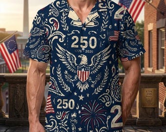 Patriotic 250th Anniversary Hawaiian Shirt, America 250 Celebration Shirt, USA Independence Day Shirt, Eagle Flag Shirt, Fourth of July Gift
