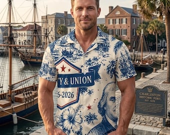 Patriotic Hawaiian Shirt Men, USA 1776-2026 Liberty Union 250th Anniversary, 4th of July Shirt, Aloha Cruise Outfit, Vintage Colonial Print