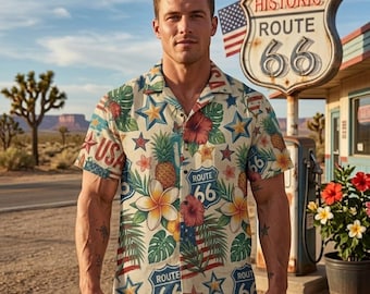Hawaiian Shirt Men, USA Flag Route 66 Tropical Aloha Shirt, 4th of July Patriotic Beach Vacation Shirt, Vintage Americana Resort Wear