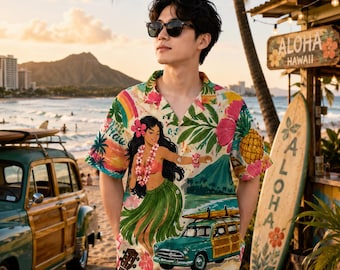 Hawaiian Shirt with Hula Girl, Pineapple and Surf Design, Tropical Summer Beach Vacation Aloha Party Shirt for Men & Women