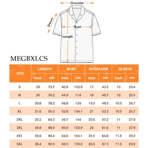 May include: White button-down shirt diagram with measurements in inches and centimeters. The diagram shows the length, bust, shoulder, and sleeve measurements for sizes S through 5XL. The shirt's style is a short-sleeved collared shirt.