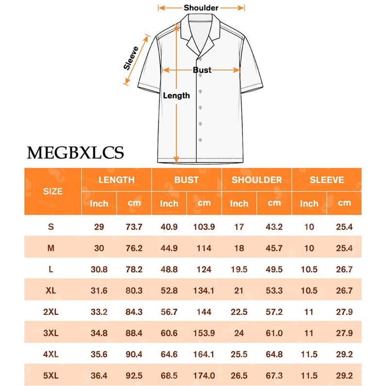May include: White button-down shirt diagram with measurements in inches and centimeters. The diagram shows the length, bust, shoulder, and sleeve measurements for sizes S through 5XL. The shirt's style is a short-sleeved collared shirt.