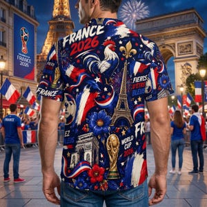 May include: A short-sleeved button-down shirt with a navy blue background, featuring a pattern of French flags, the Eiffel Tower, a rooster, and the text "FRANCE 2026". The shirt has red, white, and blue accents.