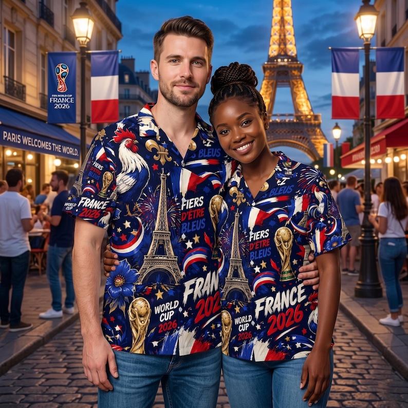 May include: A couple wearing matching blue, white, and red button-down shirts with Eiffel Tower and rooster designs. The shirts have "France 2026" and "Fiers d'&ecirc;tre Bleus" text. The background shows the Eiffel Tower and French flags.