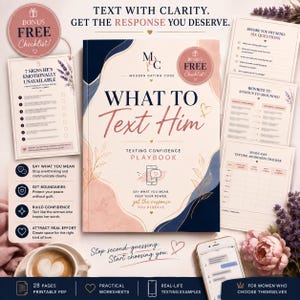 Könnte beinhalten: Ein digitales Handbuch mit dem Titel What to Text Him mit einem marineblauen, rosafarbenen und cremefarbenen Einband mit Blumenakzenten. Das Set enthält druckbare Arbeitsblätter, eine Checkliste, einen Tracker und ein Smartphone.