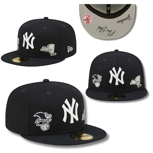 May include: A collection of black baseball caps featuring the New York Yankees logo in white. Each cap has a flat brim and is adorned with various embroidered patches, including the team logo, a baseball, and the state of New York.