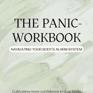 Könnte beinhalten: Buchcover mit dem Titel "THE PANIC-WORKBOOK" in großen schwarzen Buchstaben. Der Untertitel lautet "NAVIGATING YOUR BODY'S ALARM SYSTEM". Das Cover hat ein hellgrünes abstraktes Design und den Text "Mehr Selbstvertrauen durch psychologische Erkenntnisse, Übungen und Reflexionsfragen kultivieren."