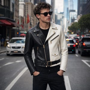 Men's Black and White Colorblock Leather Biker Jacket Men's Black and White Leather Biker Jacket Luxury Two&Tone Moto Coat Belted Waist