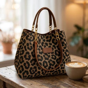 Elegant Leopard Print Satchel  Structured Faux Leather Handbag with Gold Chain Detail  Modern Animal Print Tote  Premium Boutique Style Gift