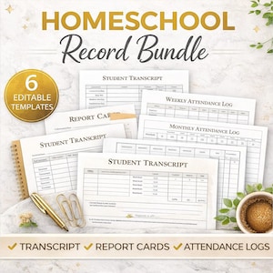 Homeschool Record Bundle | Editable Templates for Organization | Transcript, Report Cards & Attendance Logs