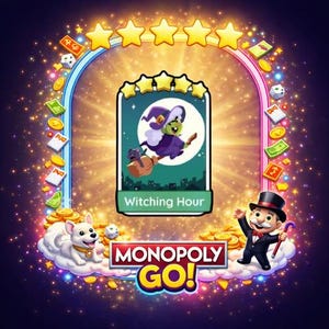 Op de afbeelding: Een digitale spelkaart getiteld Witching Hour met een groenhuidige heks op een bezemsteel tegen een volle maan, omringd door een gloeiende boog met gouden munten, dobbelstenen, een personage in smoking en een witte hond.